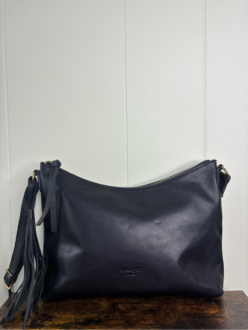 Margot New York Black Genuine Leather Messenger Bag Purse Womens